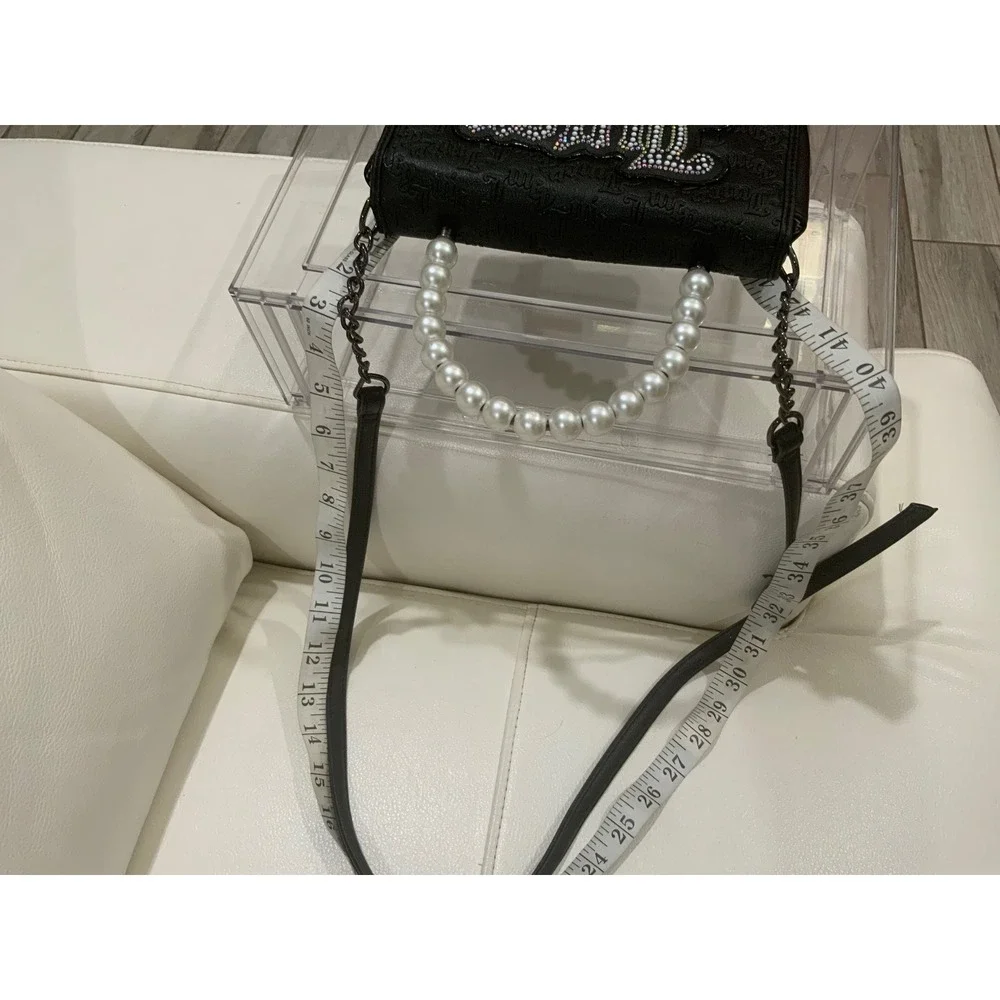 Juicy Couture Black Embossed Pearl Handle Rhinestone Logo Crossbody Bag Wallet